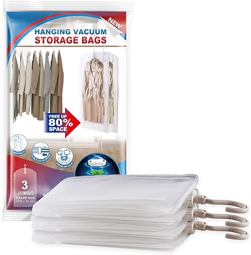 Bolsas de almacenamiento al vacío colgantes, paquete de 3 bolsas grandes de sellado al vacío para ropa, ahorro de espacio para ropa, chaquetas,