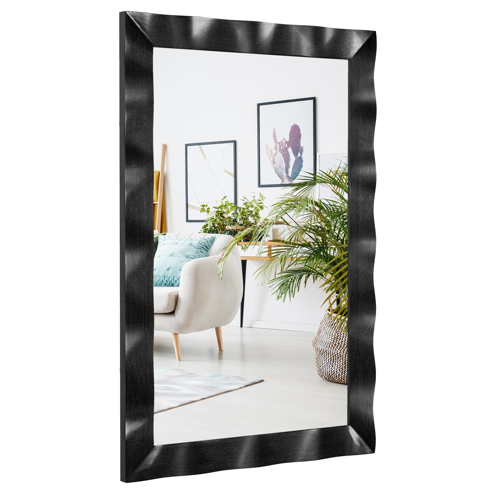 LIFEZEAL Specchio da Parete, 106x71,5 cm, Specchio con Cornice in Legno di Gomma, Specchio Ingresso Moderno, Specchio Rettangolare da Camera da Letto, Specchi Con ganci a 2 Vie (nero)