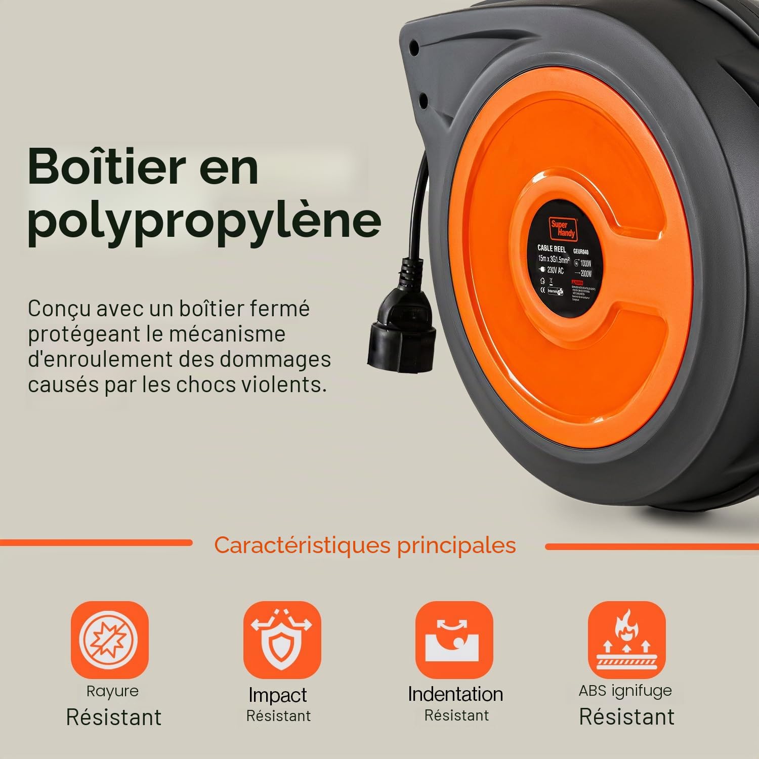 SuperHandy Enrouleur de câble automatique, 15 m, 3G1,5 mm² H05VV-F,2000 W | Câble ultra-flexible de qualité industrielle; boîtier robuste en polypropylène, conçu pour un usage commercial intensif