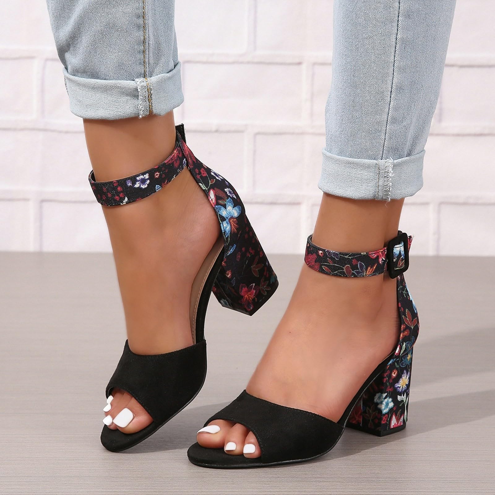 NIGXWNS Women's High Heel Sandals Summer Peep Toe Ankle Strap Heeled Sandals Fashion Floral Print Wedding Dressy Sandals