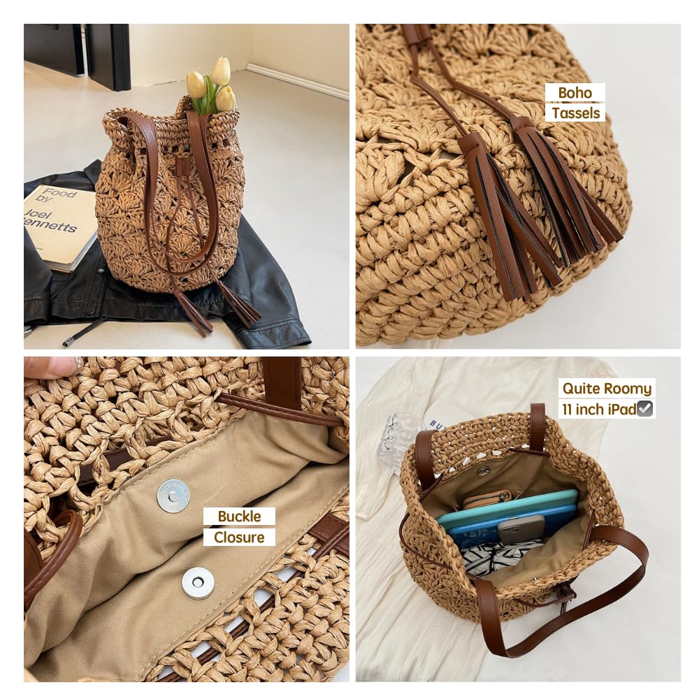 JHTPSLR Boho Straw Bucket Bag Drawstring Beach Bag Woven Shoulder Bags for Women Summer Travel Vacation Picnic (Khaki)