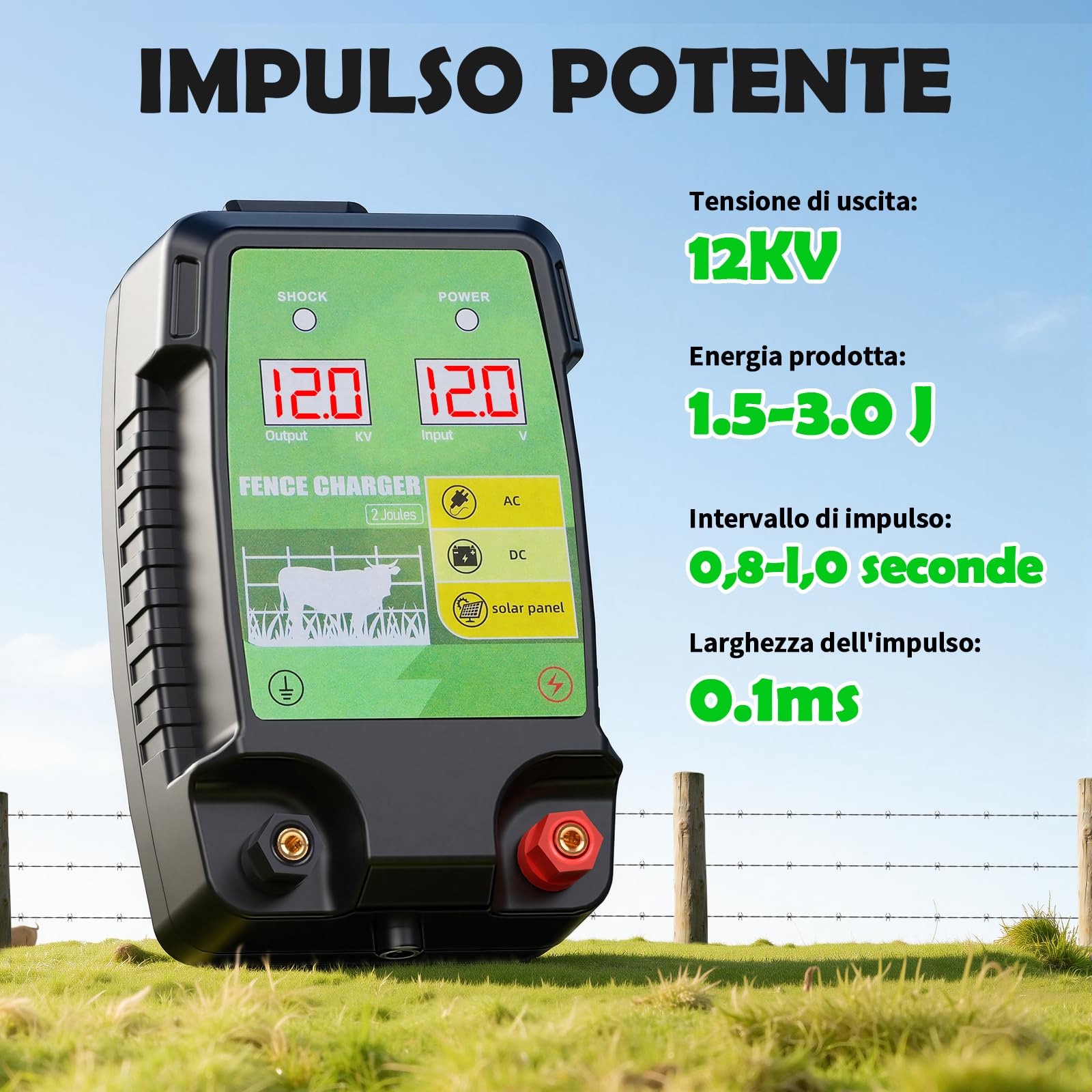 12KM Elettrificatore per Recinzione Elettrica, 12 kV 3,0 J Tensione di Uscita Recinto Elettrico per Animali con Schermo LCD, Protezione per Cavalli, Pecore, Pascoli e Fattorie (Nero e verde)