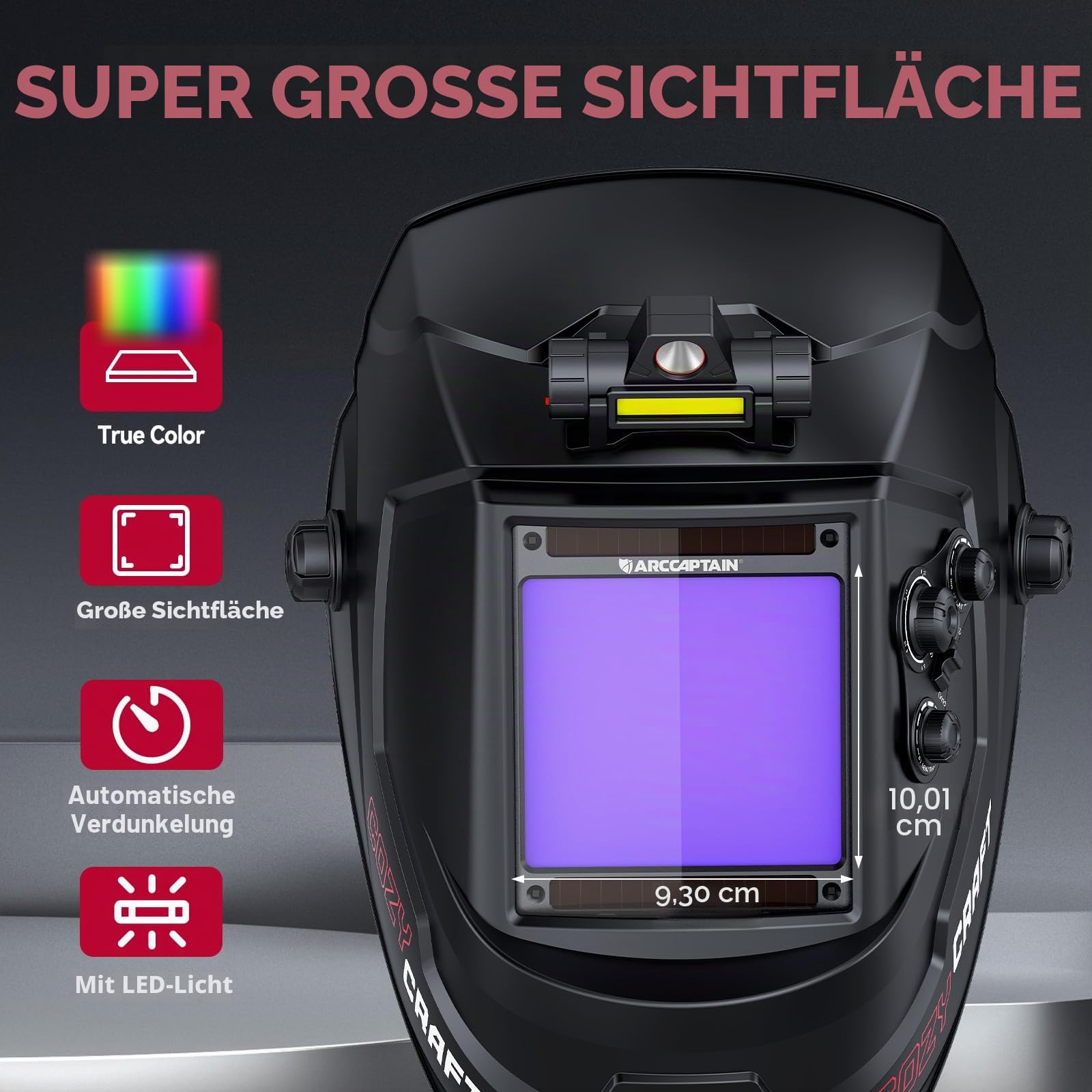 ARCCAPTAIN Schweißhelm mit großer Sicht, 10 x 9,3 cm, echte Farbe, automatische Verdunkelung, mit Licht, solarbetriebene Schweißhaube, 4 Lichtbogen-Sensoren, breiter Schatten 4/5-9/9-13 für Stick MIG