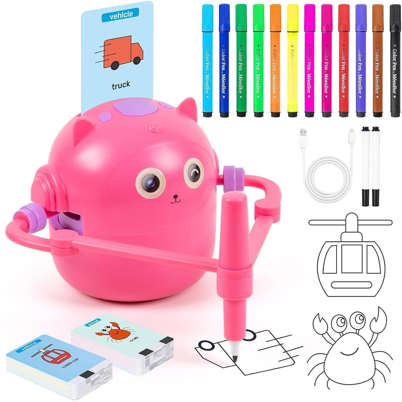Robot Rysujący Z Kartami Słownictwa z Kolorowymi Pisakami | Edukacyjna Maszyna do Rysowania dla Dzieci Dla Chłopców Dziewczynek Przedszkolaków Pokoju Dziecięcego Salonu Sypialni