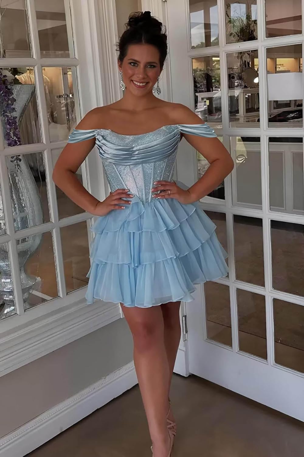 Short Sequin Homecoming Dresses for Teens 2026 Off Shoulder Tiered Chiffon Prom Dress