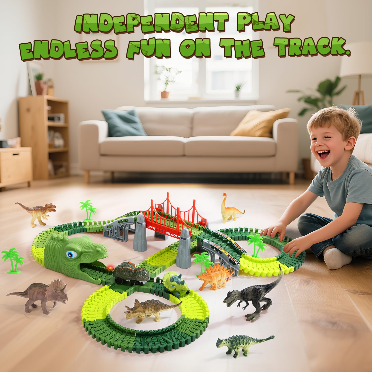 EagleStone Dinosaurier Rennbahn Set – 225 Teile Flexible Rennstrecke, 1 elektrisches Dino Auto mit Licht, 8 Dino Figuren, Dino Tunnelkopf, Weihnachts Geburtstagsgeschenk für Kinder von 3 bis 8 Jahren