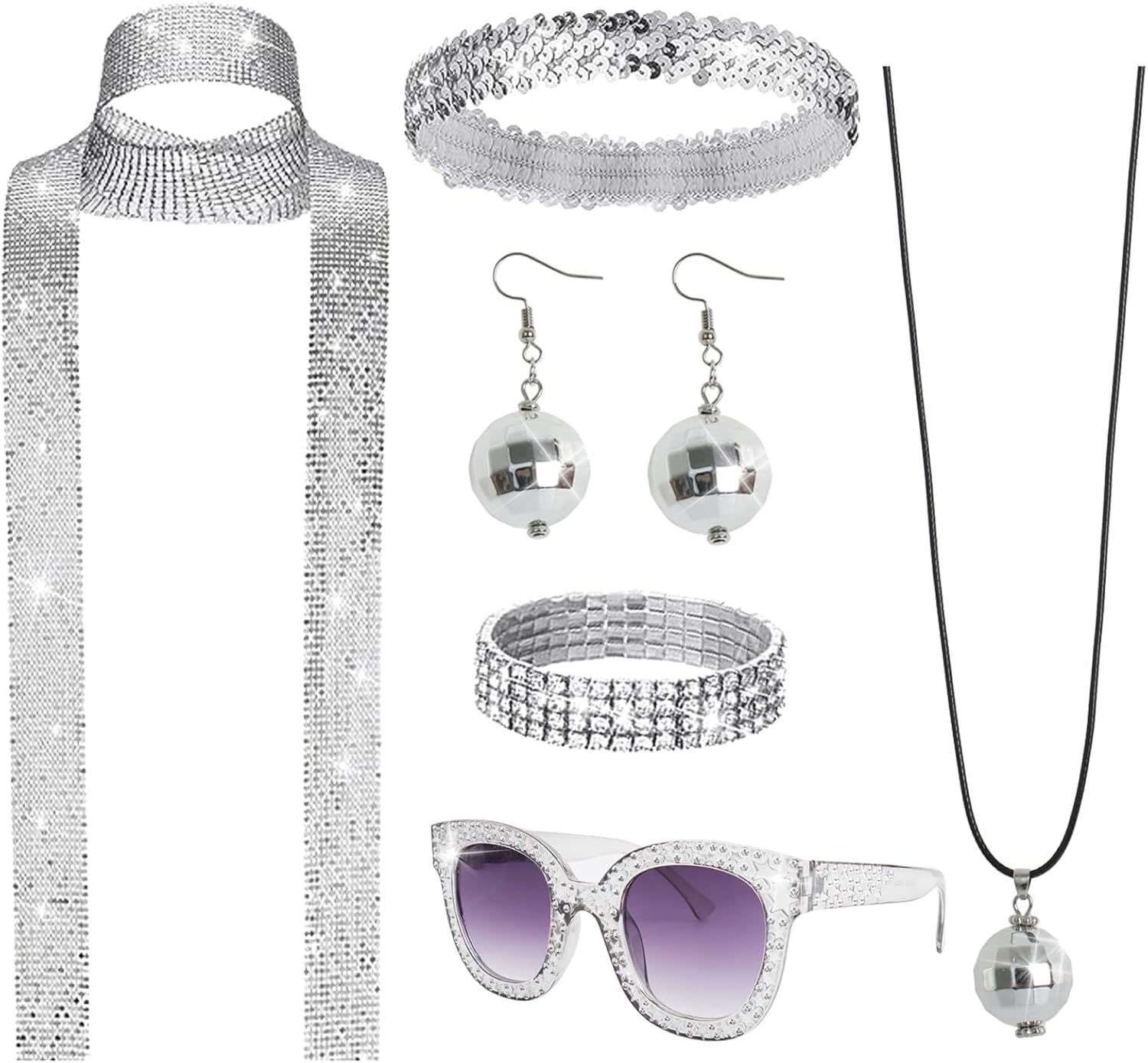 KASTWAVE 70s Women Disco Accessories Set – Sequin Scarf, Headband, Diamond Bracelet, Ball Necklace, Earring Glasses