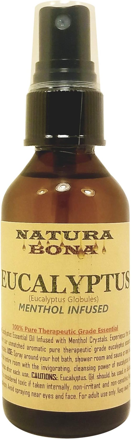 Eucalyptus Spray Bottle for Steam Room & Shower; 2oz Amber Glass Fine Mist Pure Essential Oil Sprayer Infused with Menthol Crystals