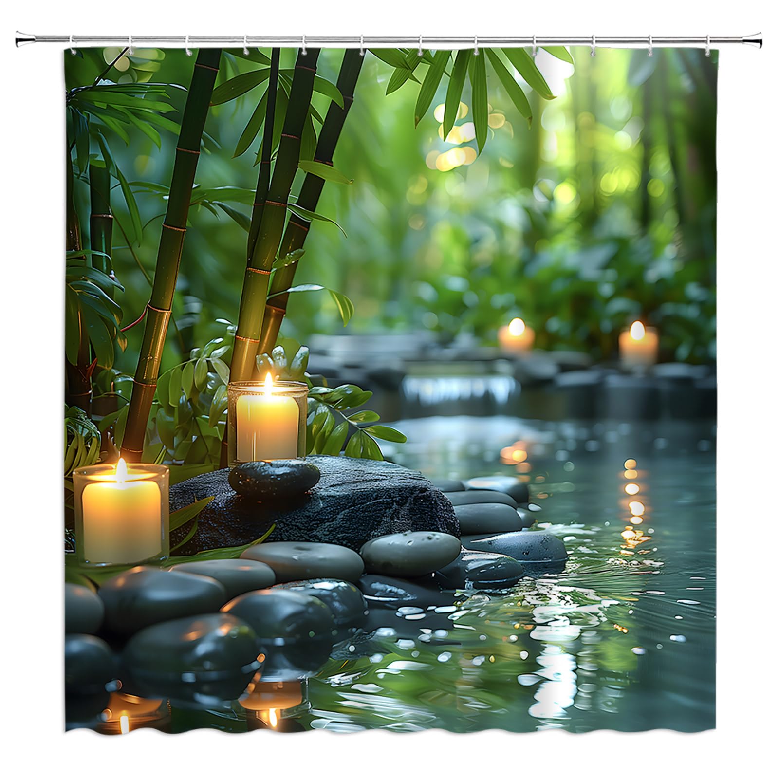 MSAYNFG Zen Spa Shower Curtain Bamboo Stone Candle Nature Water Reflection Calming Meditation Fabric Bathroom Decor Set with Hooks(70" Wx70 H)