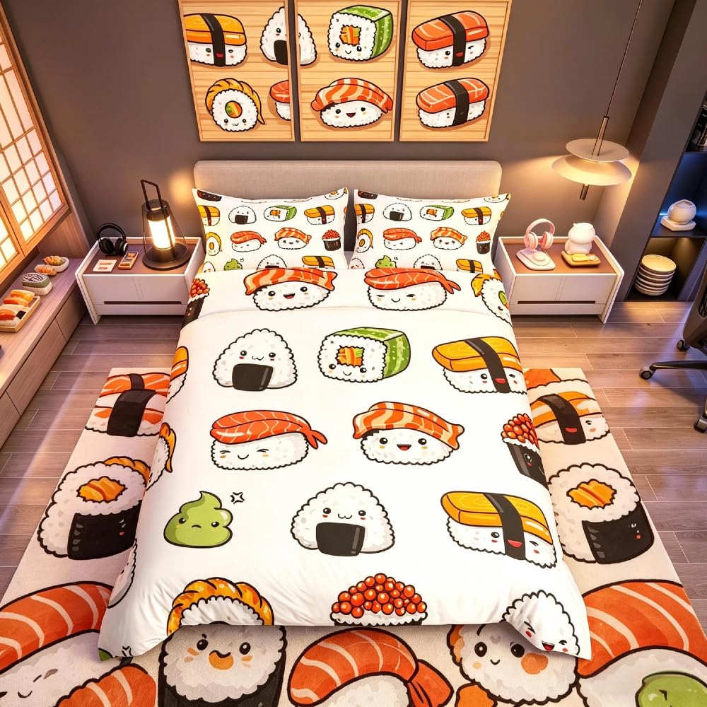 Homemissing Sushi Bedding Set Japanese-Style Bedding & Linen for Kids Boys Girls Food Duvet Cover Cute Cartoon Japanese Sushi Bedding & Linen Quilt Cover Single Size