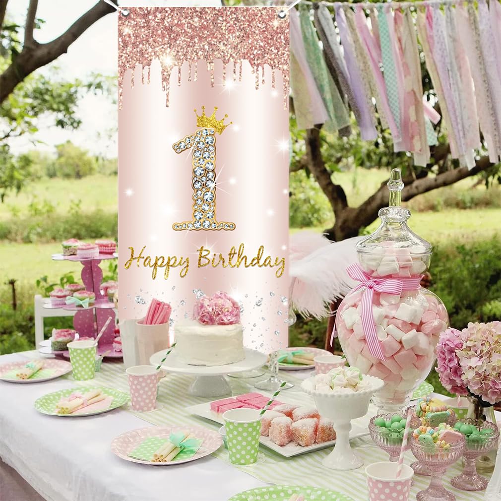 1. Geburtstag Deko Für Mädchen – Stoffbanner 90x180 Cm, Rose Gold Mit Krone