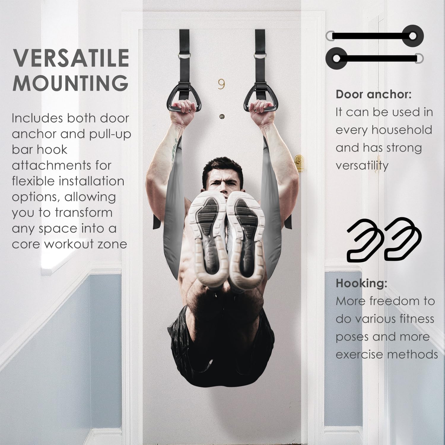 Hanging Ab Straps with Door Anchor & Pull up bar Hook, Abs Pecs Biceps Core Workout Sling, Full Body Support System for Home Gym