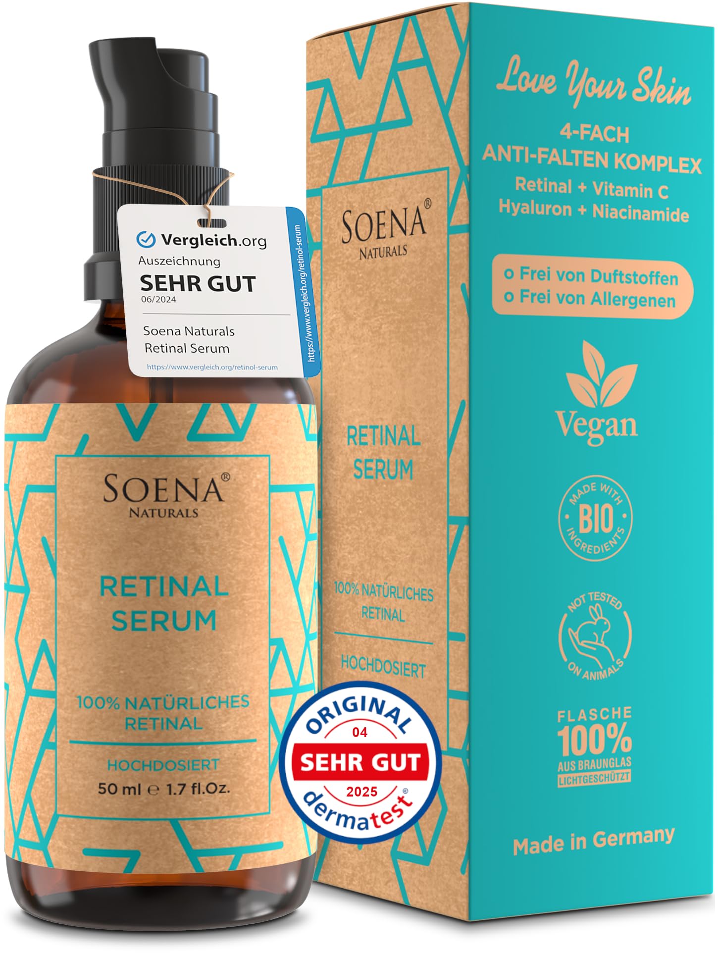 BIO Retinol Serum Hochdosiert • Die beste Retinolform (Retinal) + 7 Power Wirkstoffe = Hyaluron, Vitamin C, Niacinamid • Hochwirksames Retinal • Gegen Falten