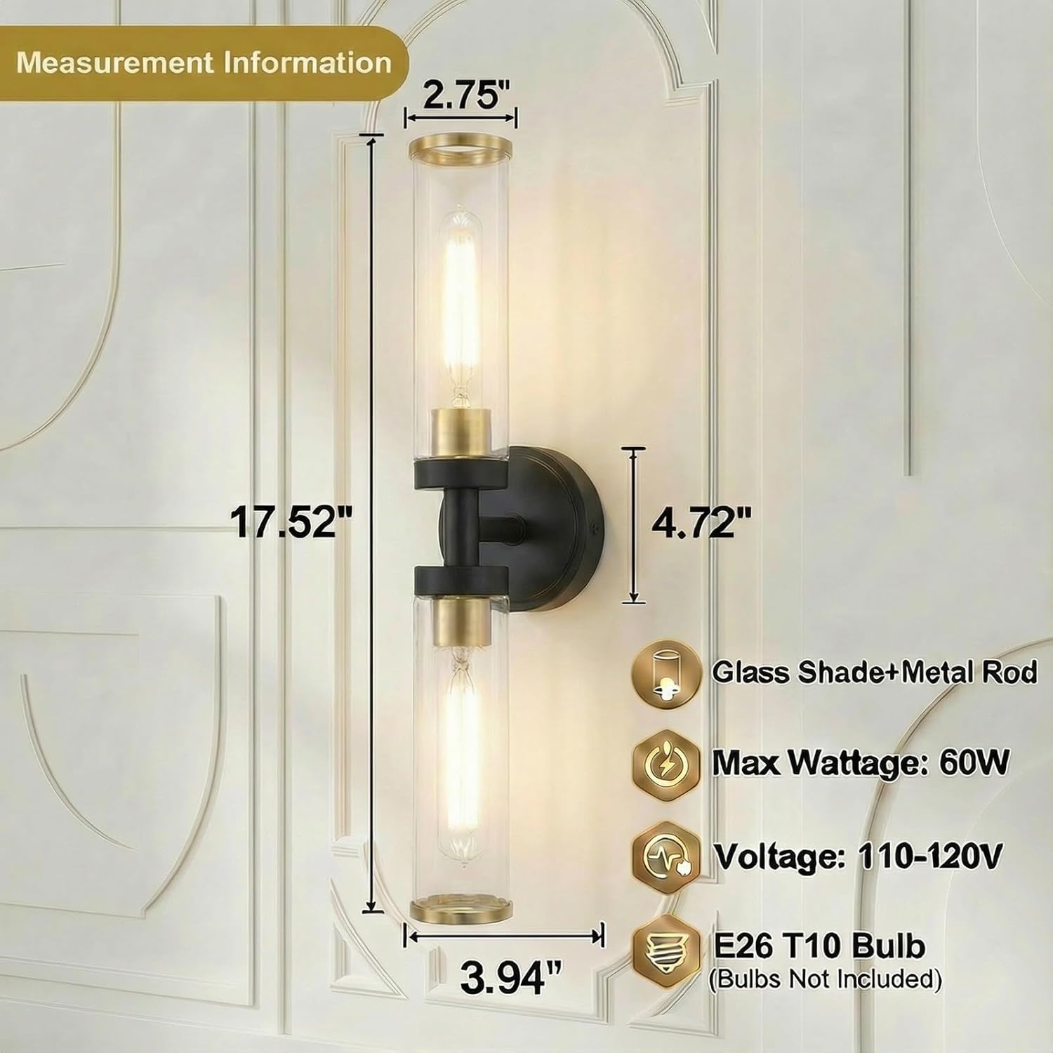 Black and Gold Wall Sconces Set of Two, Bathroom Light Fixtures with Clear Glass Modern Hardwired Wall Scones for Bathroom Mirror Living Room Hallway Bedroom(Bulbs Not Include)