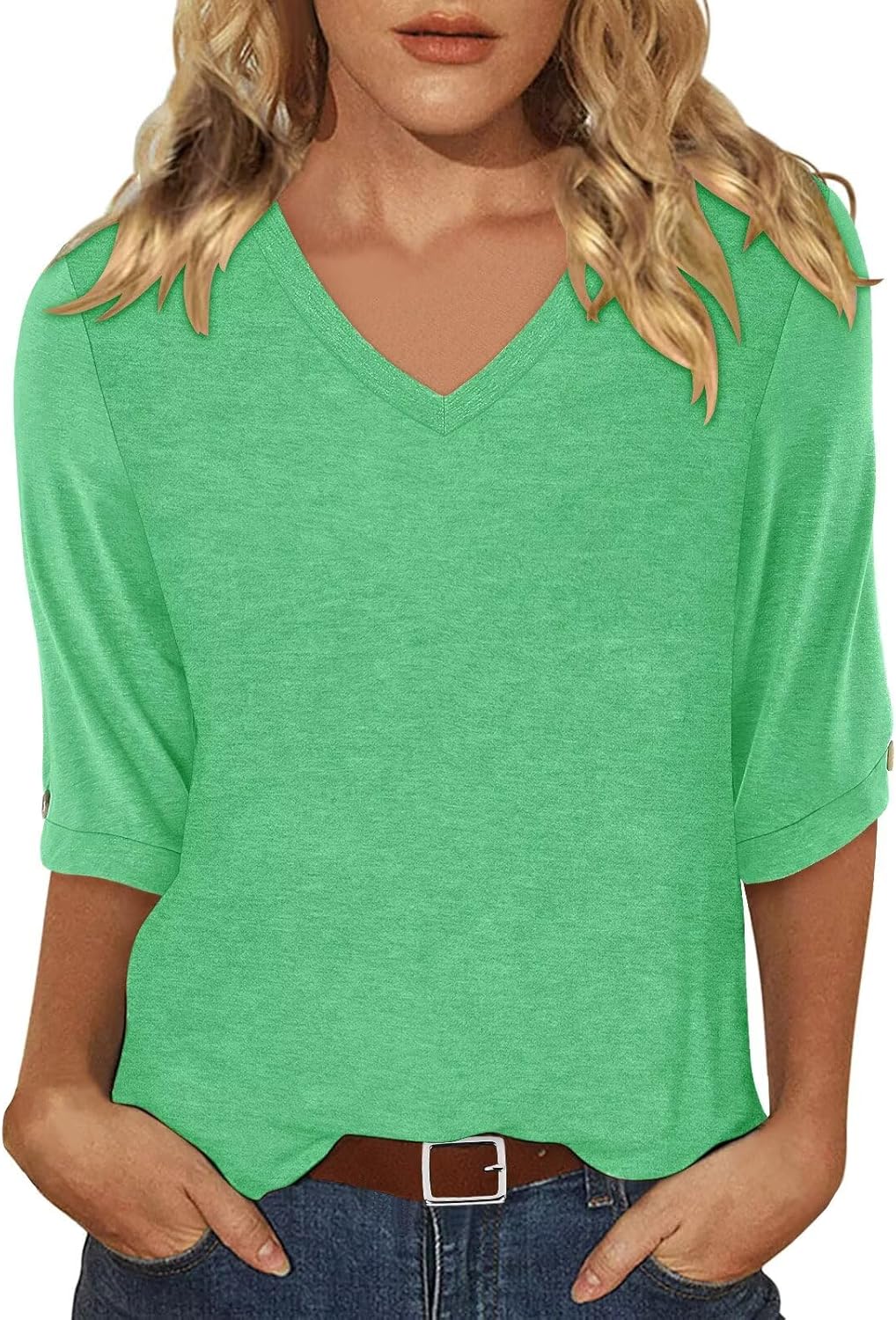 KISSMODA Women's Casual 3/4 Sleeve T-Shirts 2025 V-Neck Tunic Tops Cute Tees Blouses Loose Fit Business Work Tee Top
