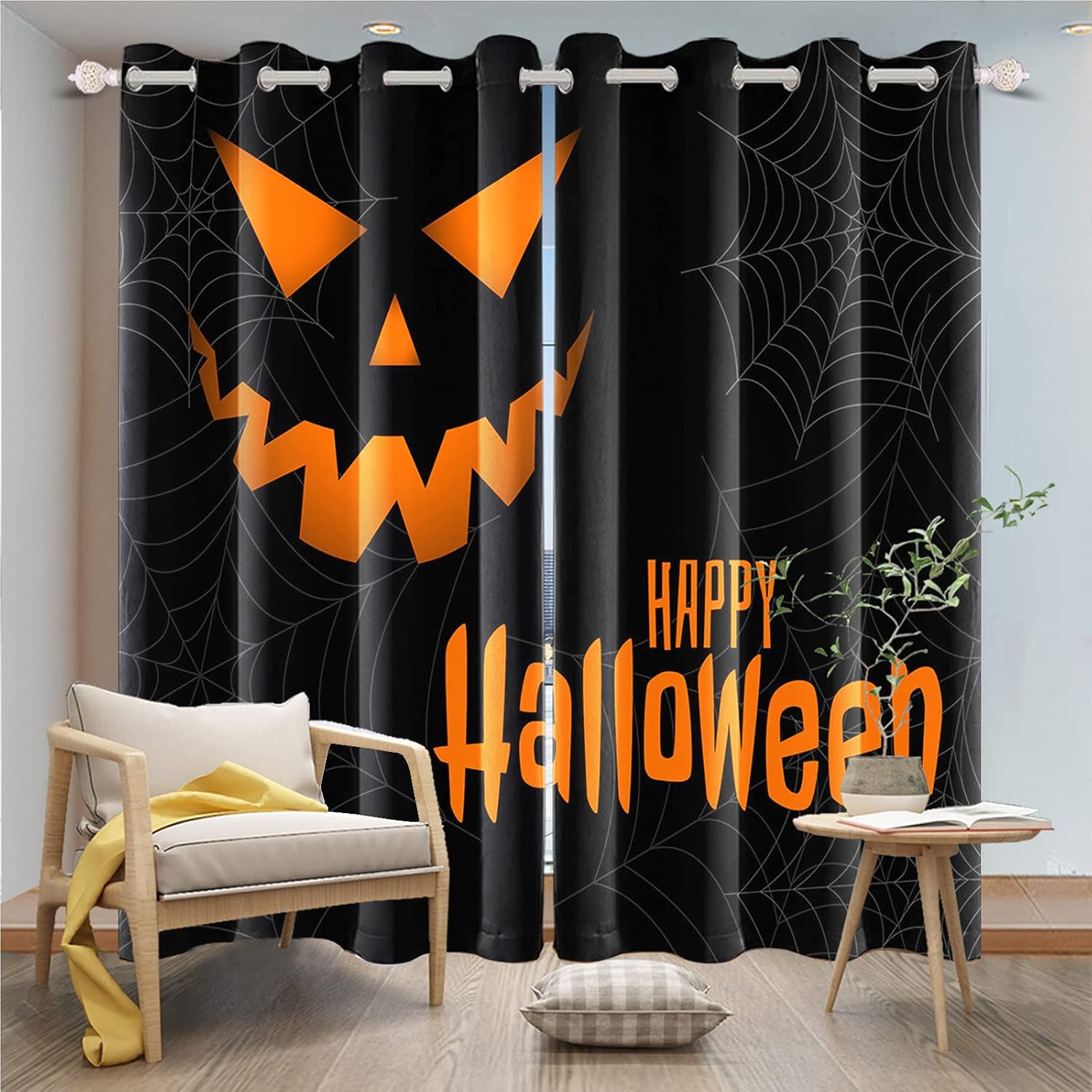 Yeele Happy Halloween Blackout Curtain Black Background Grey Spider Net Curtain for Kids Bedroom Thermal Insulation Living Room Curtains,26x63in(2panels)