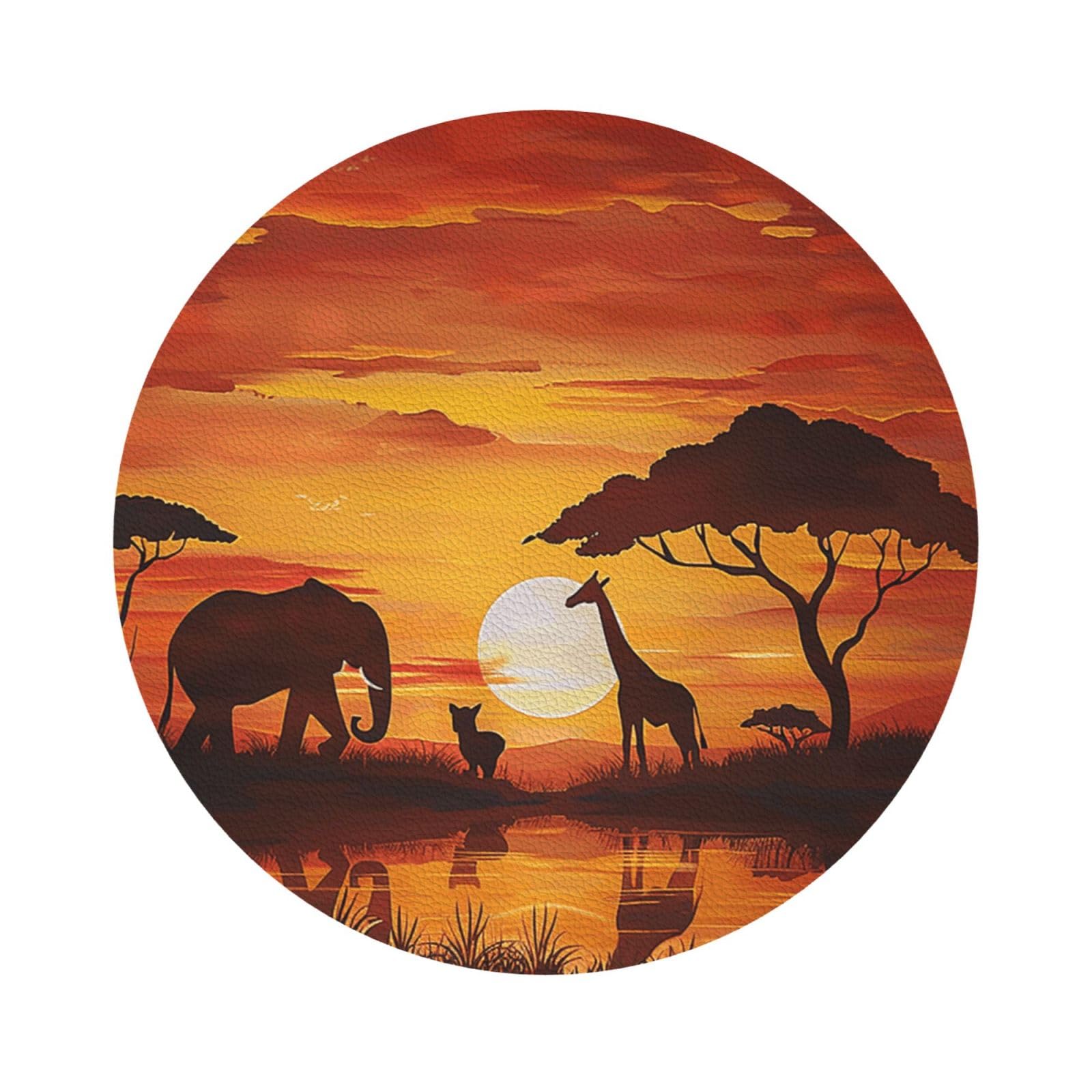 Elephant and Giraffe in The Sunset Print Leather Coaster Set of 6, Round Shape Coasters Table Decorative Coffee Cup Beverage Coasters Wine Beer Bar Coasters for Hot Drinks Table Protection