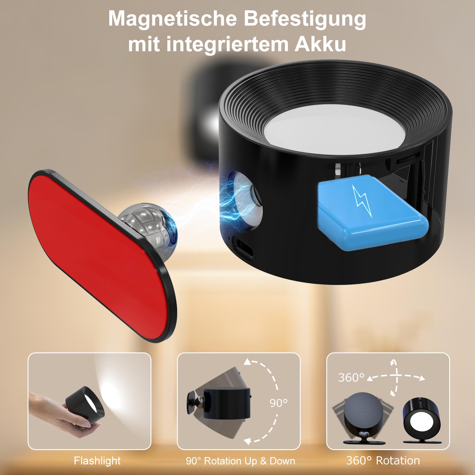 Wandleuchte Innen, Wandlampe mit Fernbedienung Dimmbar mit Akku mit USB-Ladeanschluss, Led Wandleuchte Touch Control 3 Helligkeitsstufen 3 Farbmodi 360° drehbare für Wohnzimmer Schwarz 2 Stück
