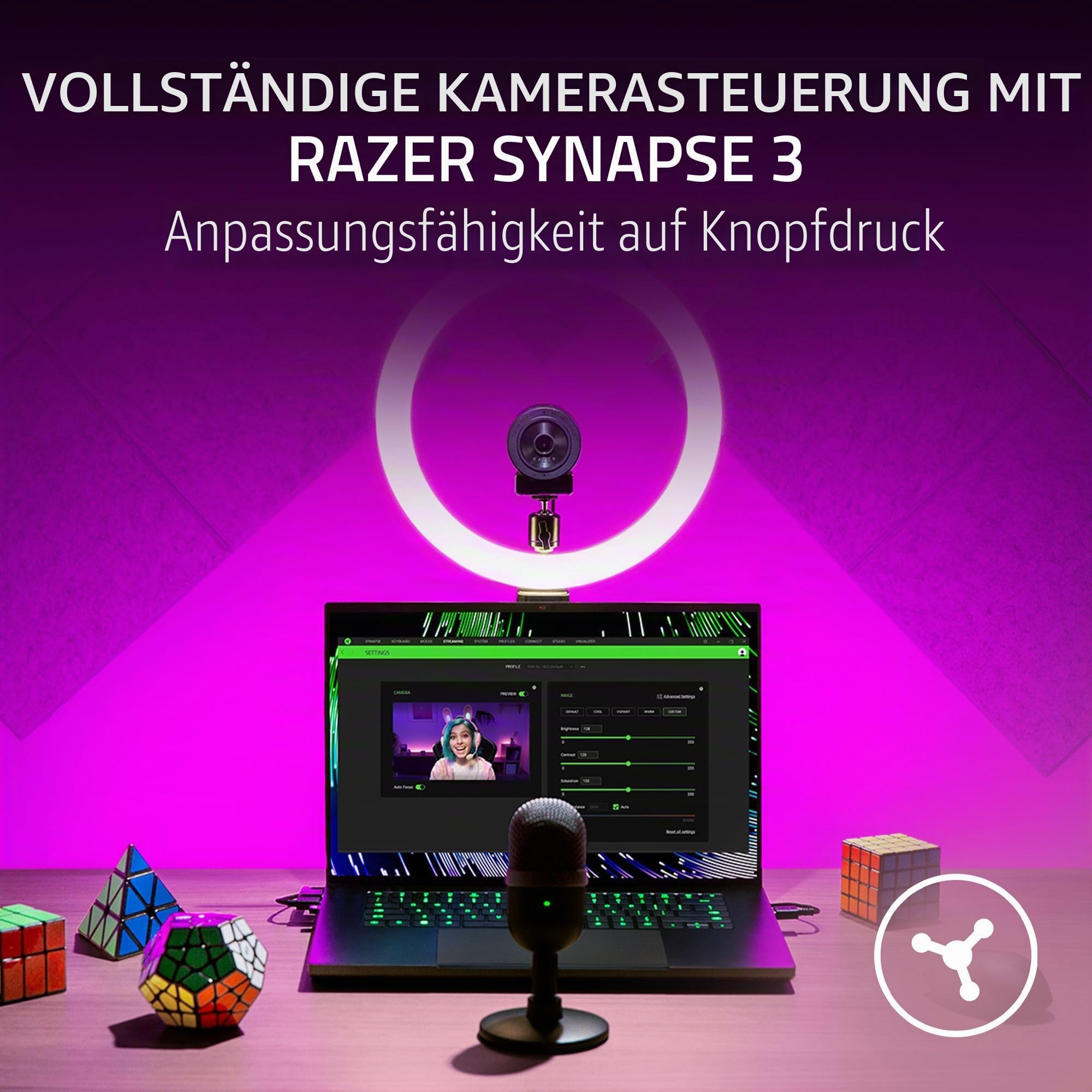 Razer Kiyo X - USB-Webcam für Streaming in Full-HD (1080p 30 FPS oder 720p 60 FPS, Autofokus, Plug + Play, vollständig anpassbare Einstellungen, flexibel zu befestigen) Schwarz