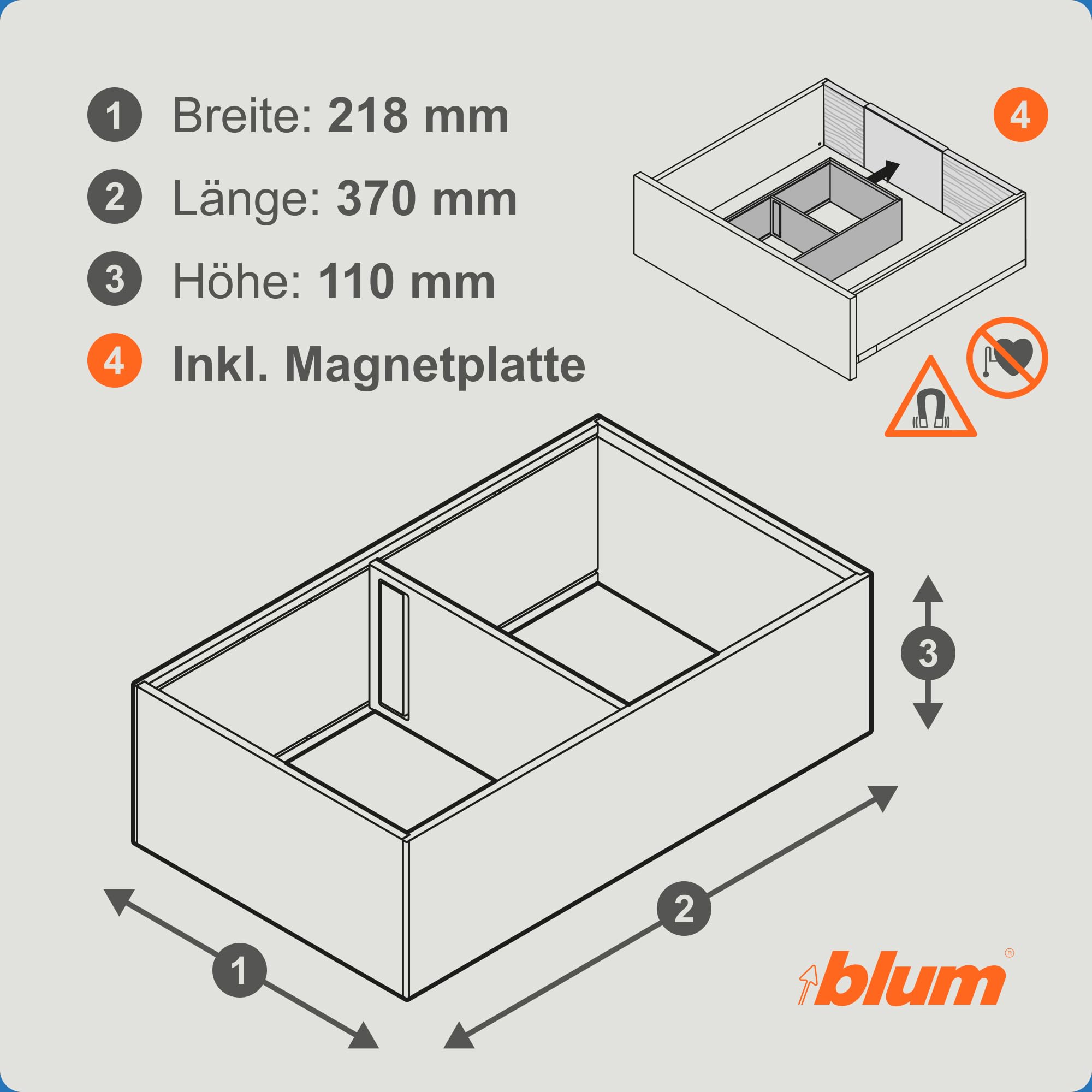 Blum AMBIA-LINE Schubladen-Organizer Stahl 37×22×11 cm | Seidenweiß | Küche | Magnetplattenhalter – kein Verrutschen | Schubladen Organizer aus formstabilem Stahl | Modular erweiterbar | Für Küche & Bad