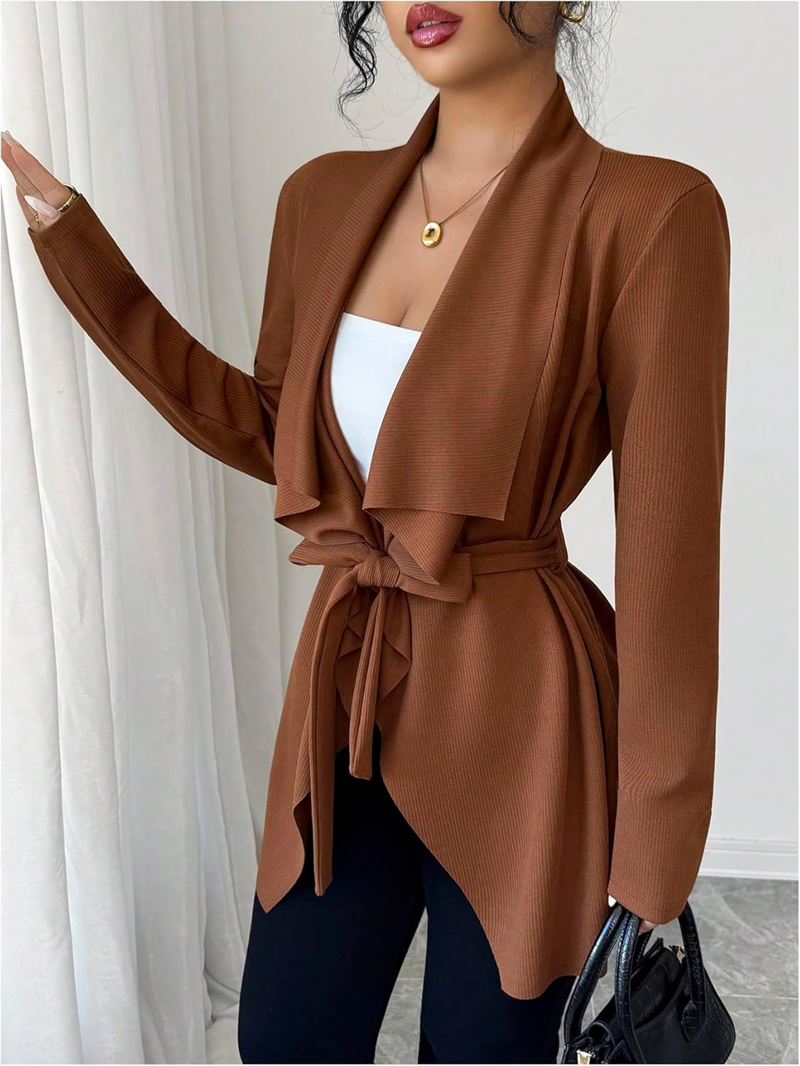 GORGLITTER Women's Belted Cardigan Long Sleeve Trendy Office Business Casual Blazer Jackets Light Trench Coat - Image 4