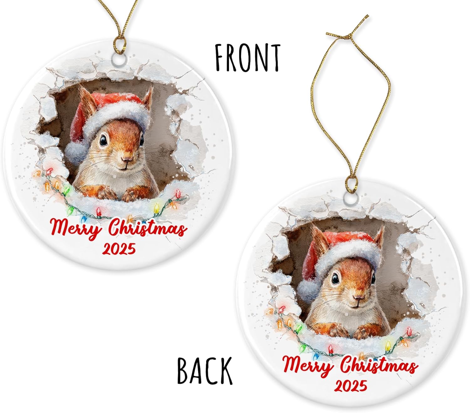 Squirrel Christmas Ornament - Ceramic Animal Ornament - Squirrel Lover - Xmas Tree Decor - Holiday Keepsake - Merry Christmas Printed on Both Sides - Image 3