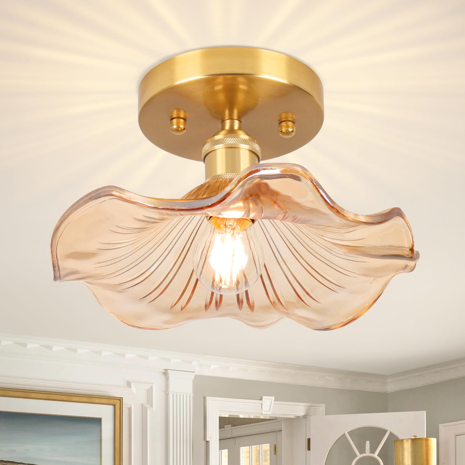 Semi Flush Mount Ceiling Light Flower Amber Glass Ceiling Lighting 8 8 E26 Porch Ceiling Light Fixtures for