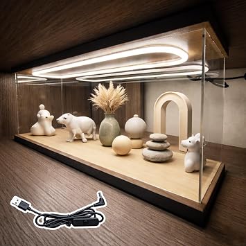 Clear Acrylic Display Case with LED Light, Wood Top and Base Collectibles Storage Box Large, Diorama / Action Figure Organizer Showcase80x70x70cm/31x28x28in