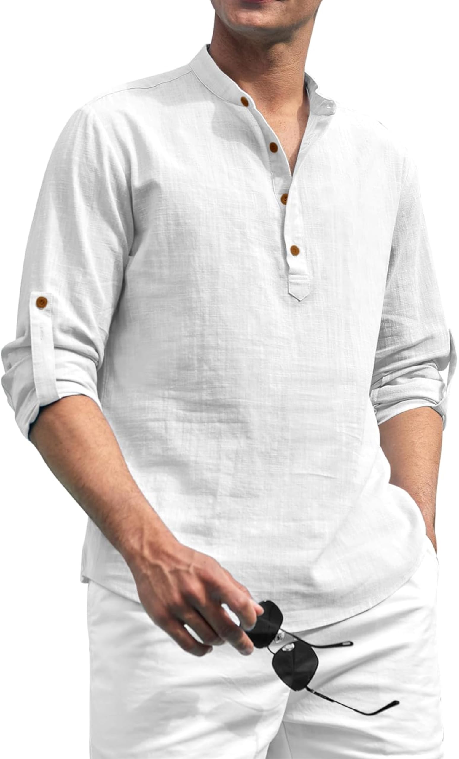 Cotton Polyester Blend Solid Casual Regular Fit Mandarin/Chinese Collor Short Kurta for Men