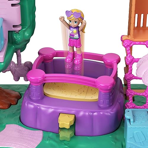 Miniatura 2 de Polly Pocket Pollyville Playground Adventure Playset, muñeca Micro Polly, casa del árbol, tobogán, castillo animoso, gimnasio de la selva, carrito