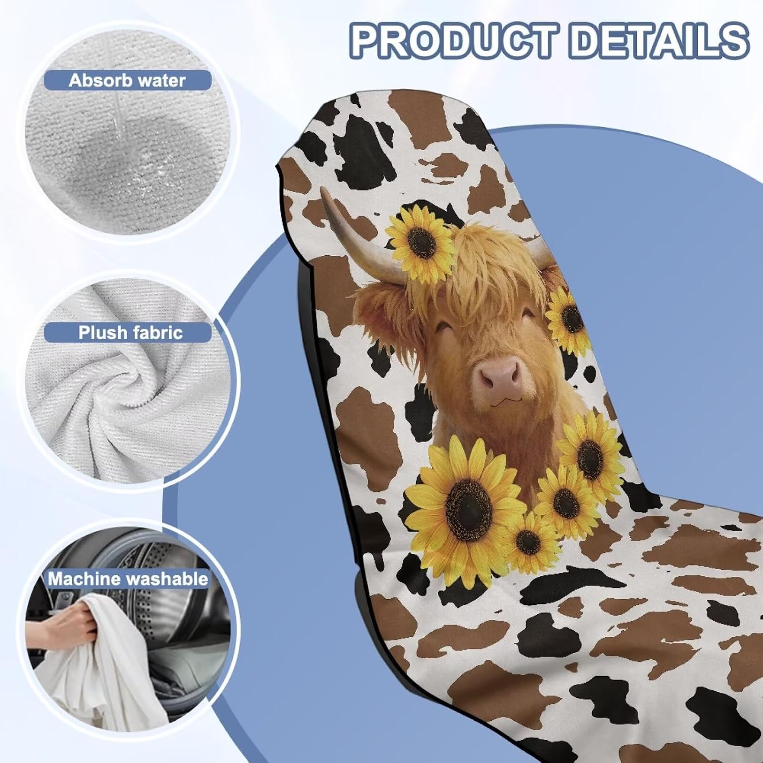 Cow Highland Cattle Sunflower Print Towel Seat Covers for Car, 2 Pack Breathable Auto Sport Towel Front Seat Protection Soft Seat Cover Suitable for Gym Workout