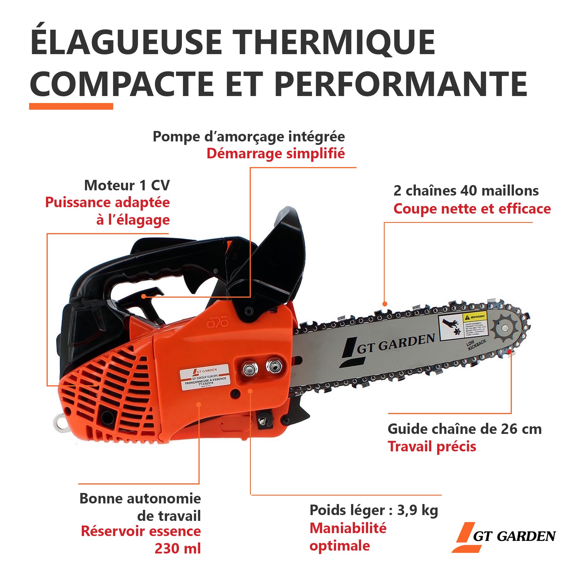 Tronçonneuse élagueuse thermique 25 cm3, 1 CV, guide 26 cm, 2 chaînes