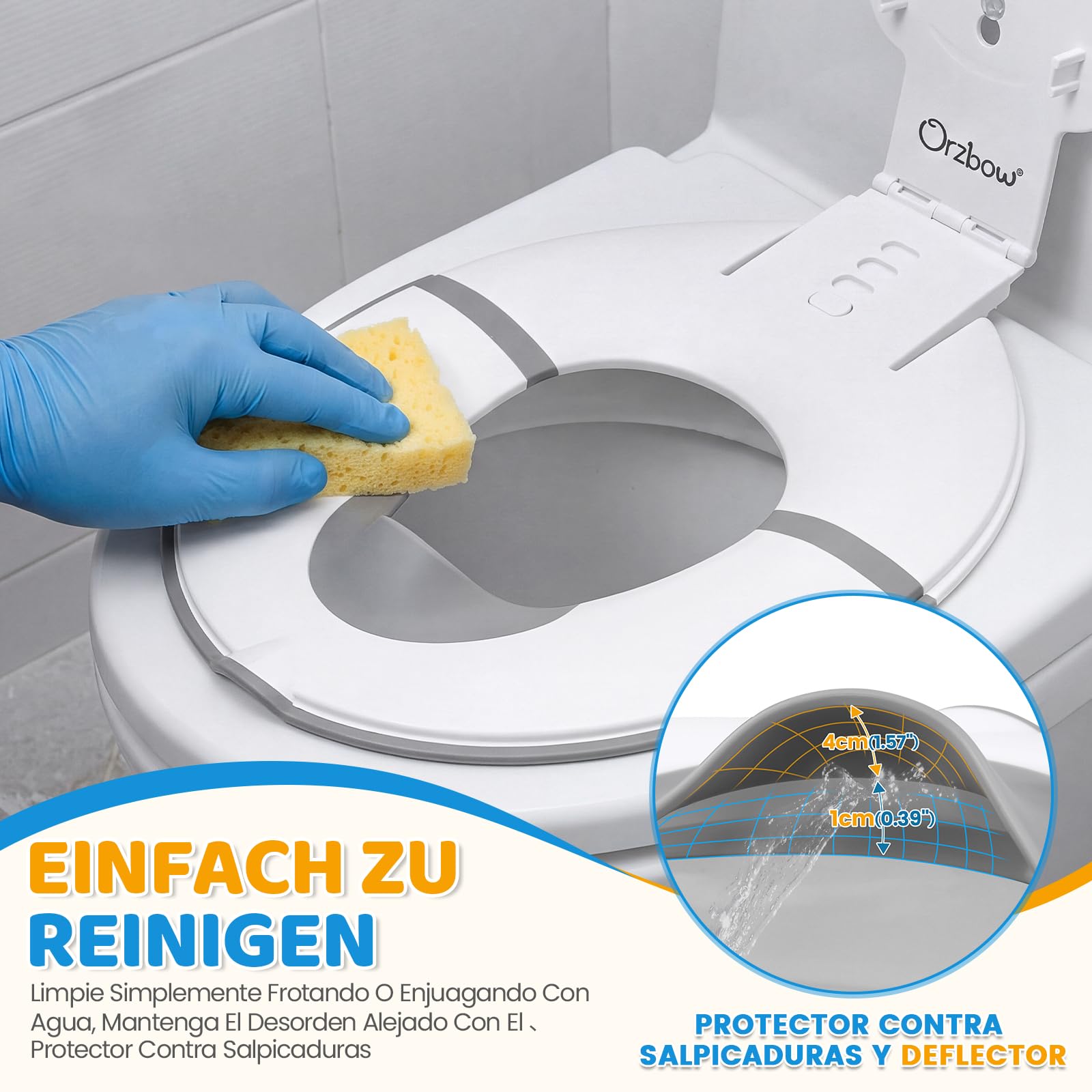 Orzbow Faltbarer Toilettensitz Kinder, Tragbarer Kinder Toilettensitz mit Weichgummi-Urin Barriere, Universal Klositz für Kinder mit Saugnapf, Einstellbare Länge, Einfach zu Benutzen, Weiß