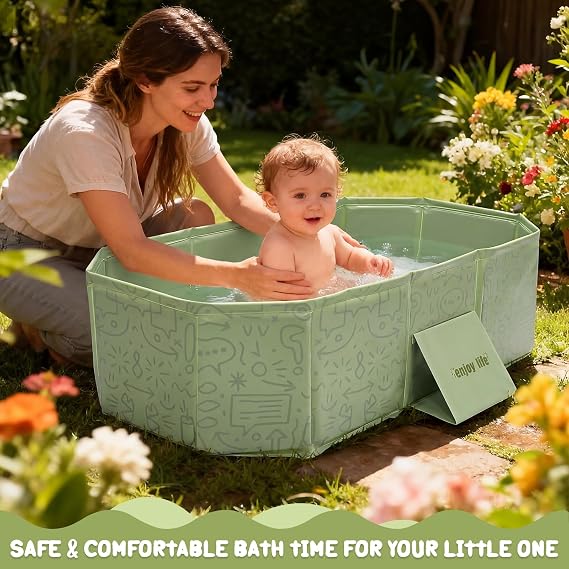Foldable Baby Bathtub, Side-Drain, Portable, Ages 0-5, Green