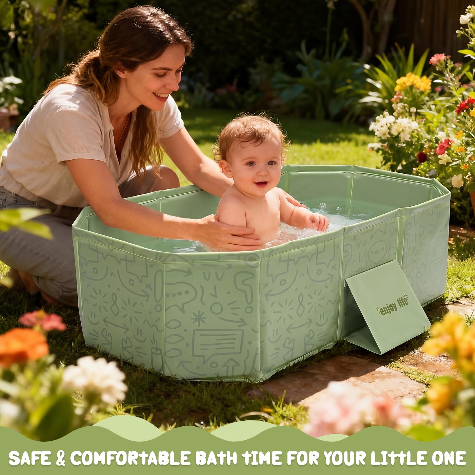 Vasca da bagno pieghevole per bambini, 75 cm, portatile, per neonati e bambini, antiscivolo, salvaspazio, pieghevole, con tappo di scarico, senza BPA, verde menta