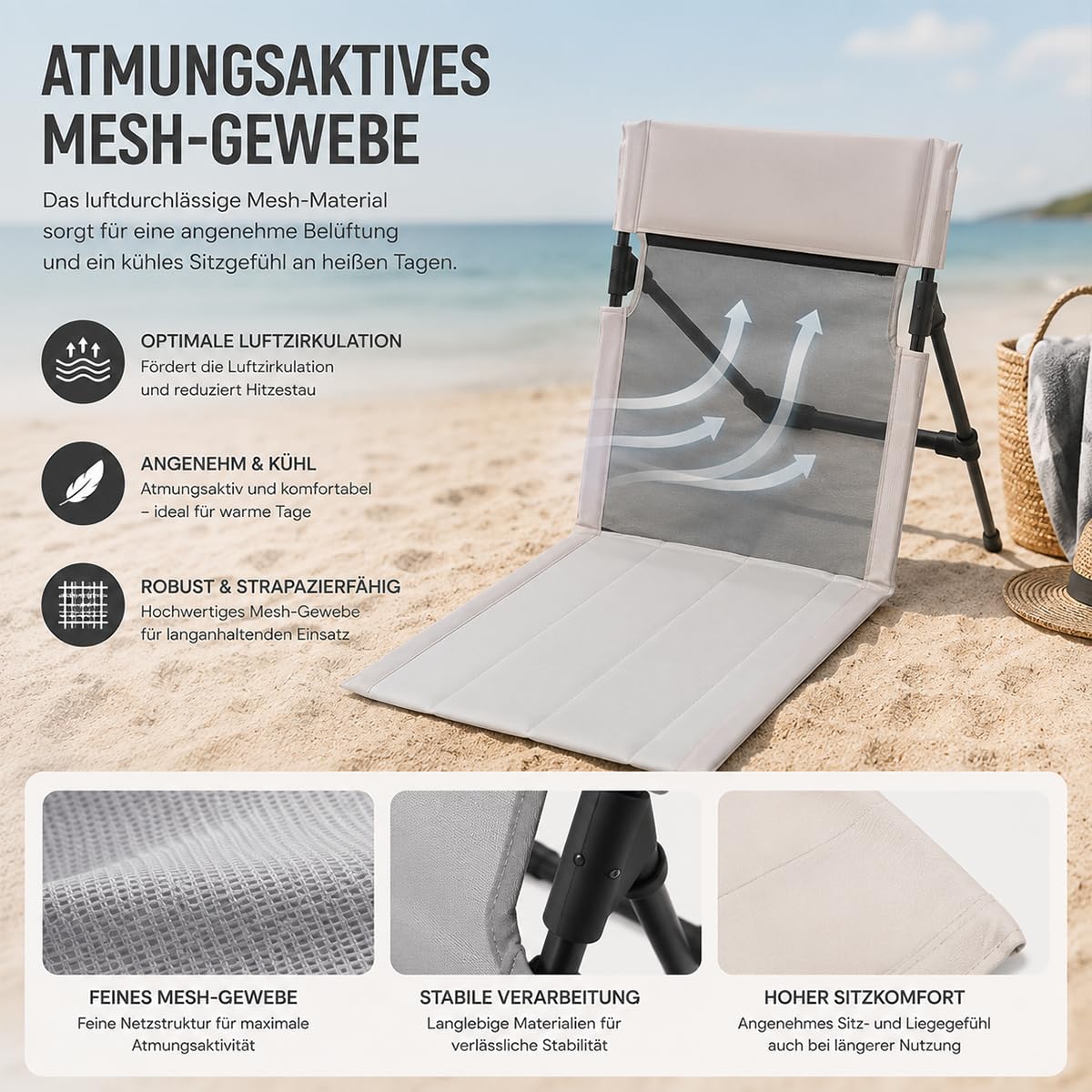 Strandsitz Faltbar Leicht, Strandmatte Mit RüCkenlehne, Leichte Strandmatte (Mit Aufbewahrungstasche) Aus Atmungsaktivem Netzgewebe Mit Verstellbarer RüCkenlehne, Geeignet FüR Camping (Cremefarben)