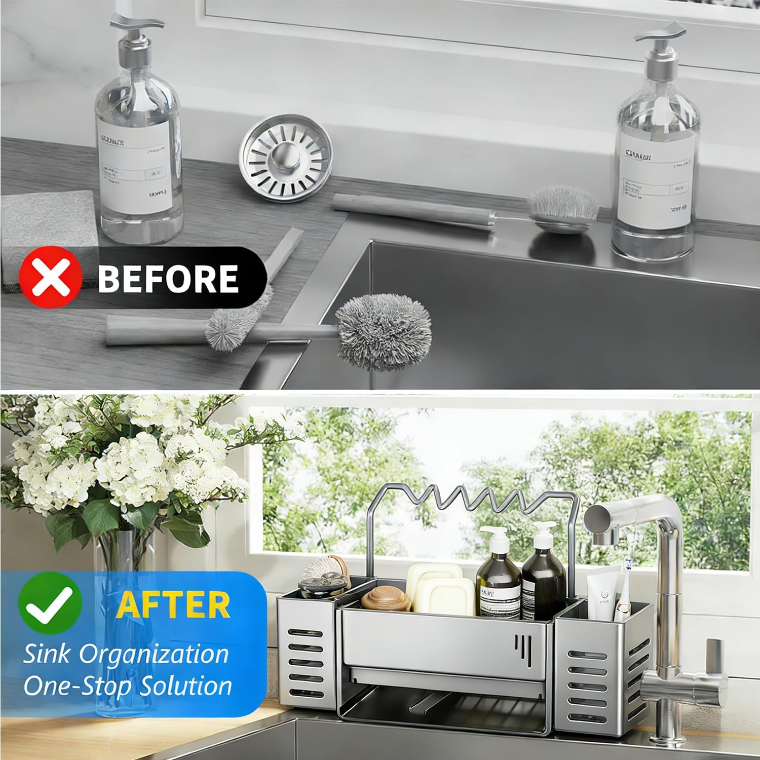 Sponge Holder for Kitchen Sink, Sink Caddy Organizer with 2 High Brush Holder, Kitchen Countertop Organizers and Storage Essentials, Self-draining Sponge Caddy Soap Dispenser Organizer (Gray)
