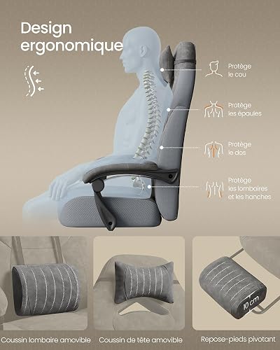 SONGMICS Chaise de Jeu, Chaise d'Ordinateur, Ergonomique, avec Repose-Pieds, Coussin de Tête Ajustable, Support Lombaire, Capacité de Charge de 150 kg, Gris Ardoise OBG077G01 - 5