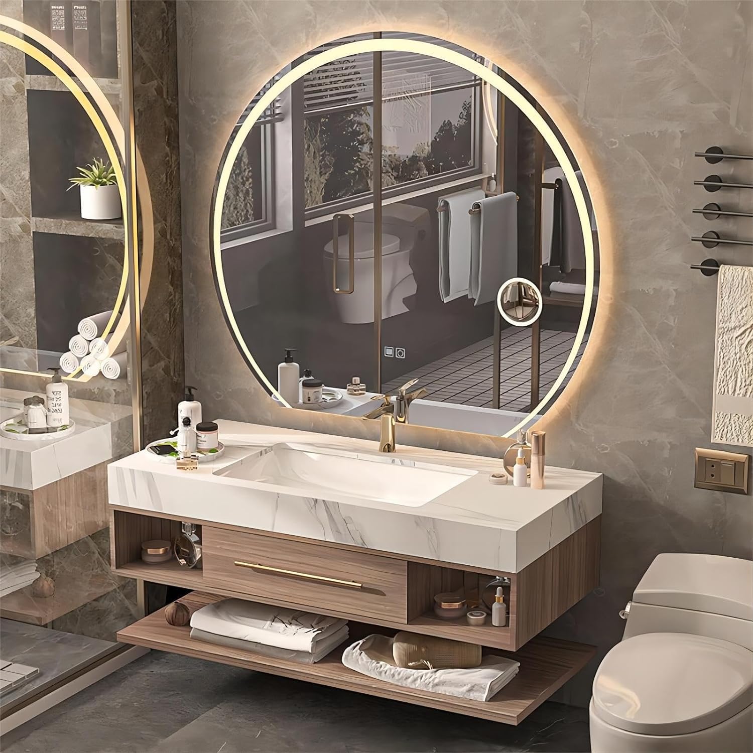 40" Bathroom Vanity with Sink - Stylish Floating Bathroom Vanity Cabinet, Equipped with Round Smart Defog Mirror, Tri-Color Light Switch, Complete Accessories, Brown