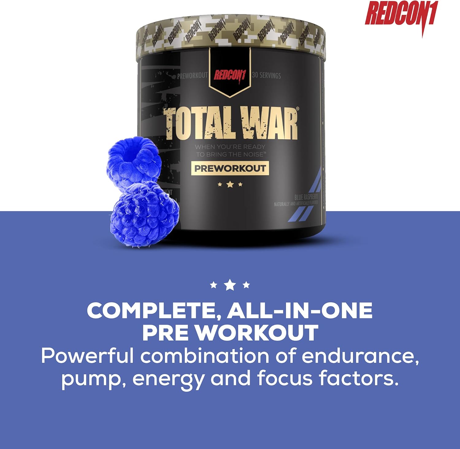 Redcon1 Total War - Pre Workout, 30 Servings, (Blue Raspberry) Boost Energy, Increase Endurance and Focus, Beta-Alanine, 350mg Caffeine, Citrulline Malate, Nitric Oxide Booster - Keto Friendly : Health & Household