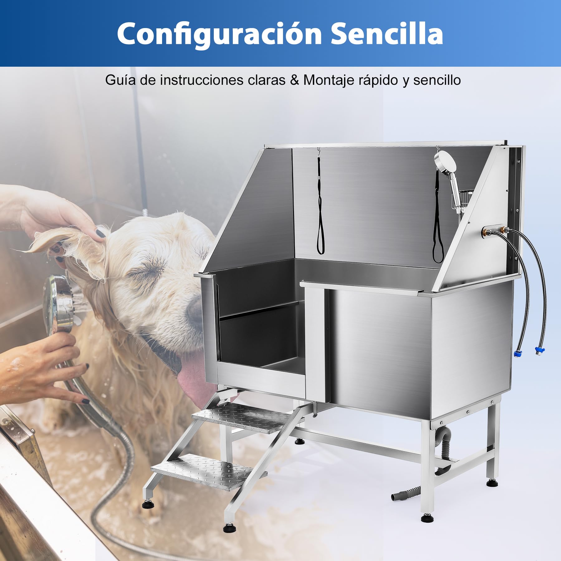 CO-Z Bañera de Aseo Profesional para Perros 127cm de Ancho Bañera de Acero Inoxidable para Mascotas Capcidad 115kg Bañera para Perros con Escaleras, Puerta Corrediza, Grifo,Correa