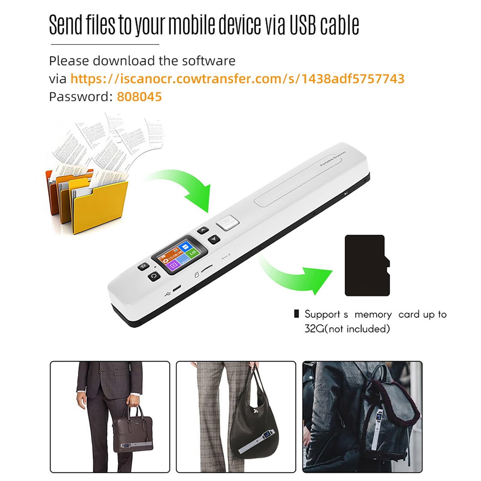 Scanner per Documenti Scanner Portatile a Bacchetta 1050 DPI WiFi JPEG PDF Display LCD Batteria Ricaricabile Supporto Scheda TF Doppio Rullo Margine per Documenti Ricevute (Funzione Wi-Fi)