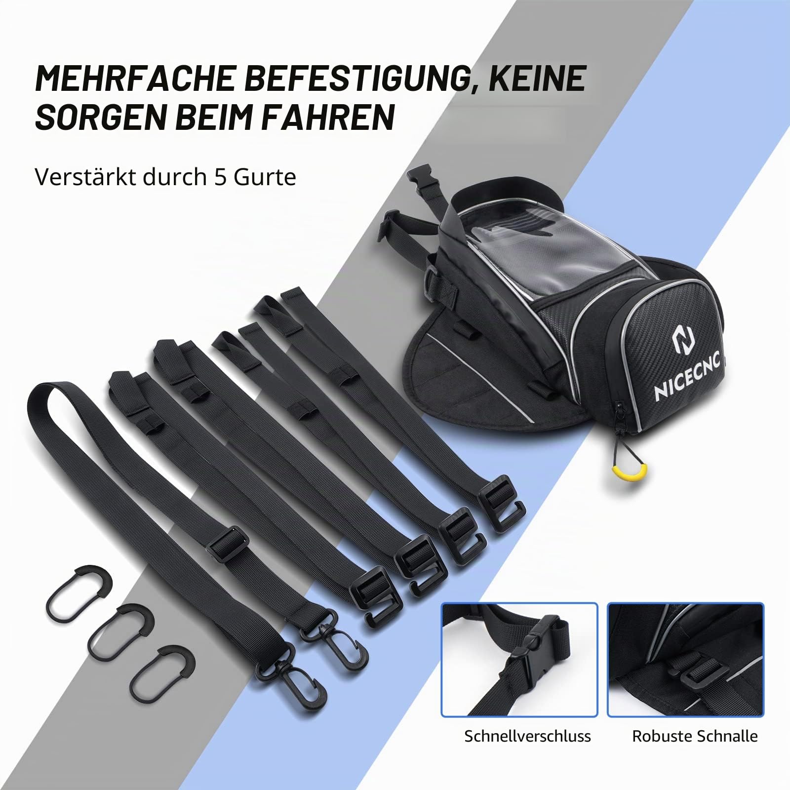 NICECNC Motorrad-Tankrucksack mit Magnetbefestigung, 6 Magneten und 5 verstärkten Riemen, Abnehmbarer Rutschfester Boden, tragbar, Tankrucksack für Dirtbikes, schwarz