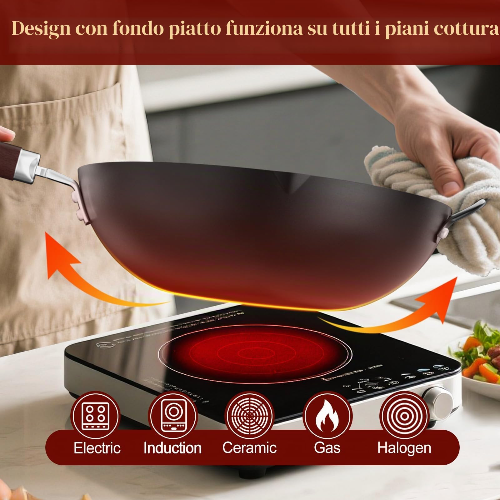Jobin 32 cm/12,6'' Wok Antiaderente in Acciaio al Carbonio con Coperchio, Manici in Legno e Acciaio Può Cucinare Piatti Asiatici per 3-5 Persone - Fondo Piatto