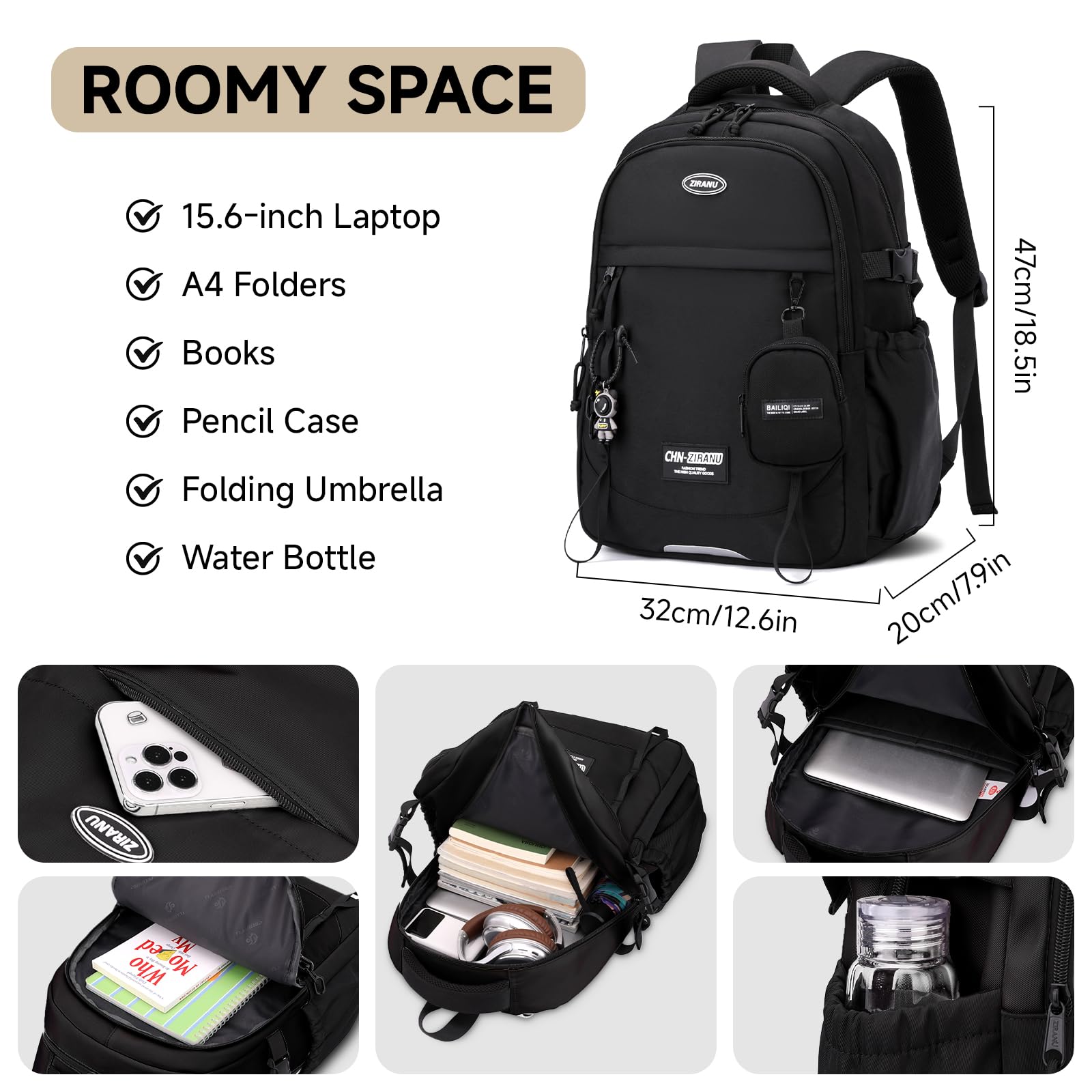 Amythe Zaino per Ragazzi, Zaino Scuola Media Superiore 30L Impermeabile, Zaini Casual Moda Nero Uomo per Laptop 15.6", Ideale per Rientro Scolastico, Natale, Viaggi e Campeggio