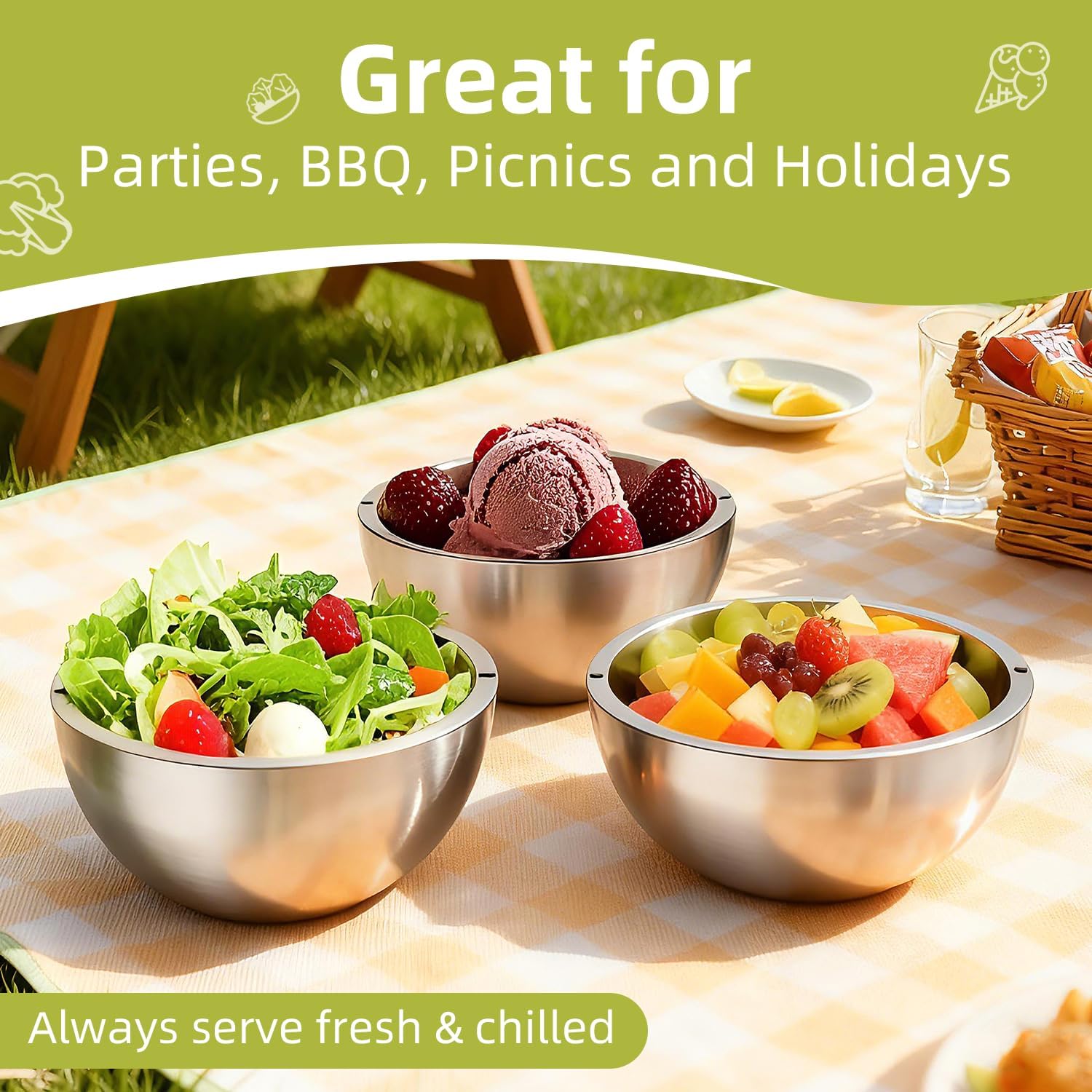 304 Stainless Steel Dip Chiller Bowl – Double-Walled Insulated Serving Bowl for Salsa, Guacamole, Sauces, Salad & Condiments – Keeps Food Hot or Cold for Parties & Buffets (1, 35 oz)