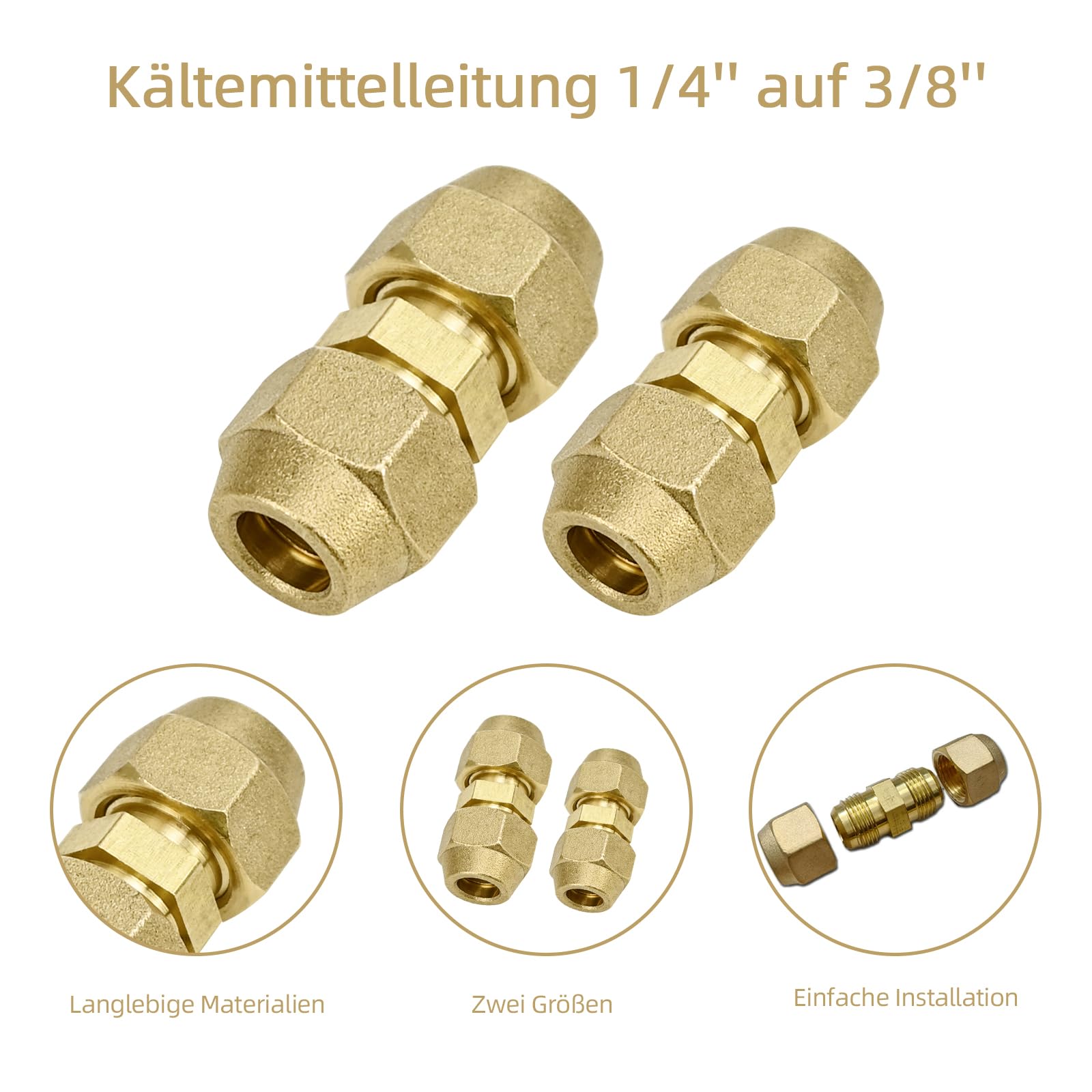 2 Stück Rohrverbinder Set, Kältemittelleitung 1/4 3/8 Doppelnippel Kupferrohrverbinder Rohrverbindungen Klemmringverschraubung Überwurfmutter Rohr Verschraubung Split Klimaanlage Zubehör