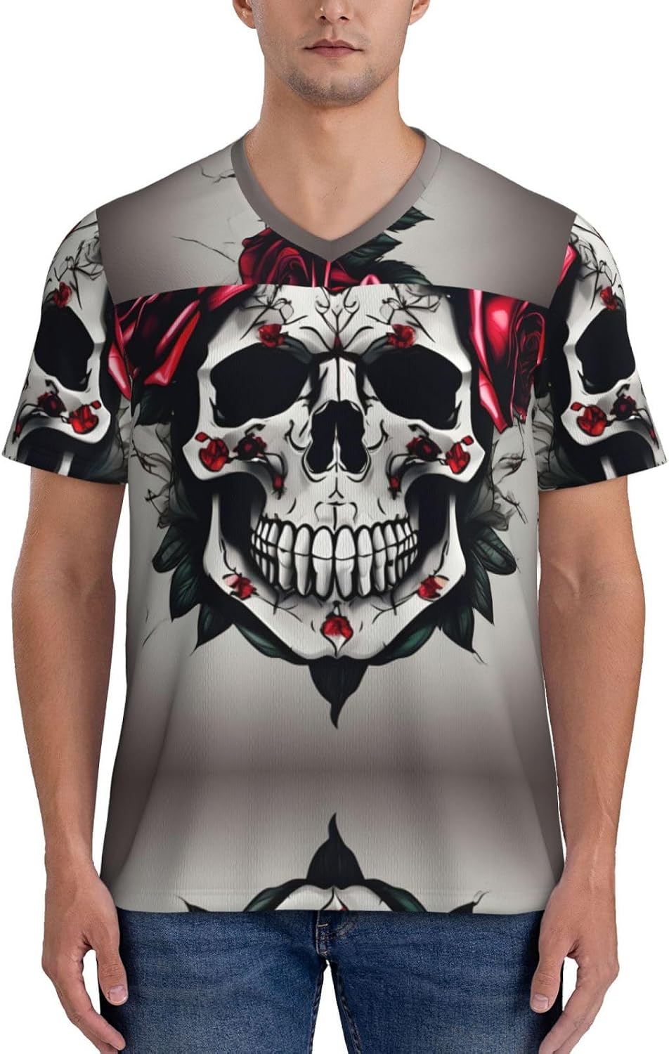 Red Rose Skull Rugby Football Jersey for Men, Comfortable V-Neck Loose Fit Top for Team Sports Athletics
