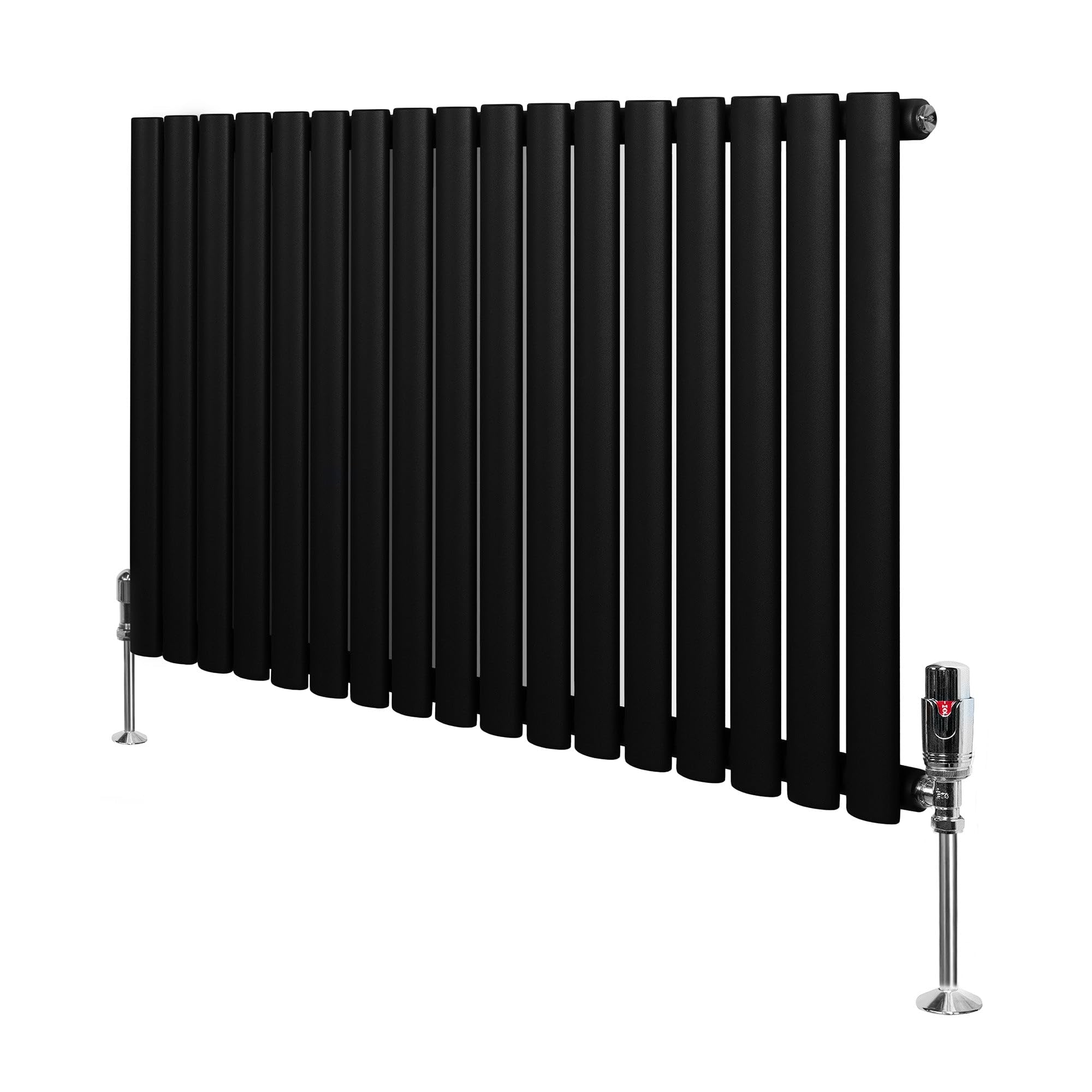 Oval Single Column Radiator 600mm x 1020mm & TRV Chrome Valves Modern Designer Single Panel Central Heating Heater Black Carbon Steel Horizontal Free Cleaning Brush Fixing Kit & Brackets