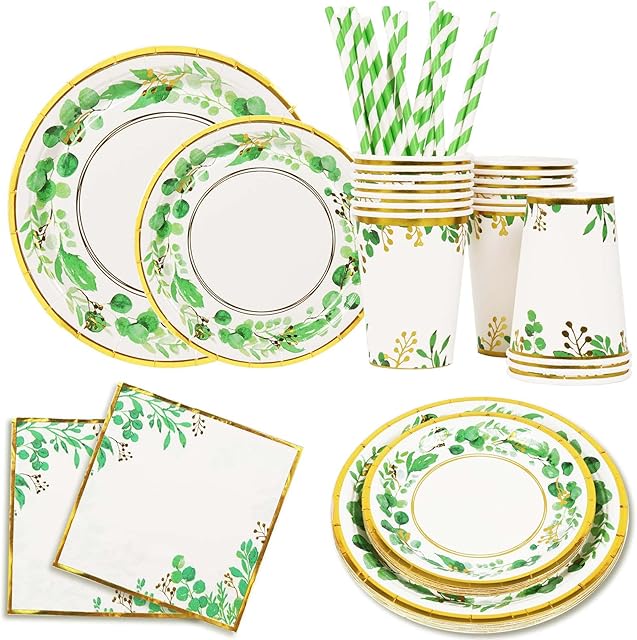 Green Paper Plates Cups Napkins Straws Party Tableware Set, 80pcs Green & Gold Plates Cups Napkins, Sage Green Disposable Plates for Birthday Party Decoration Wedding Baby Shower Jungle Safari Party